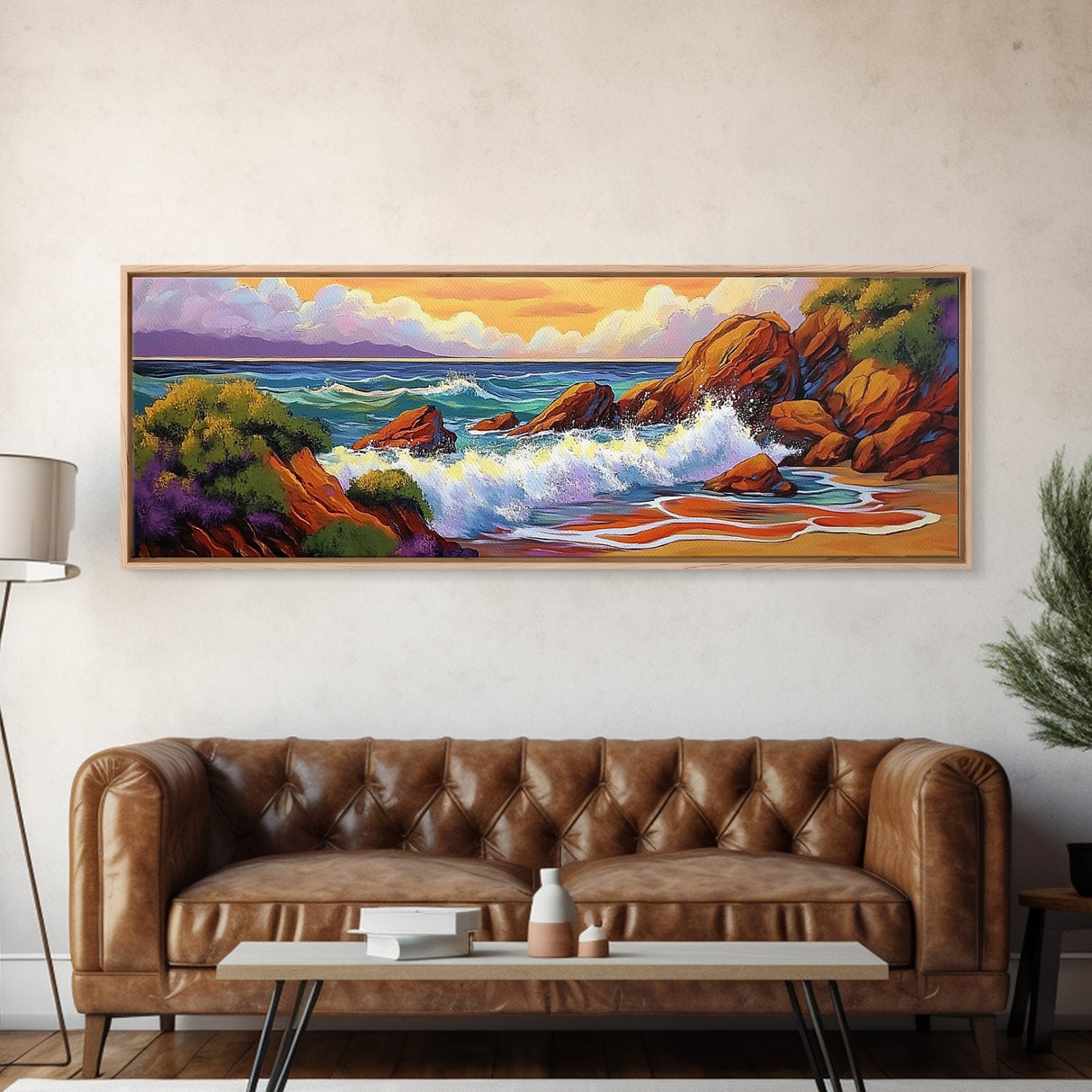 Ocean Wave Crash, Coastal Rock Shore, Vibrant Seascape Painting, Framed Canvas Print, Beach Bathroom or Nautical Living Room Art