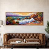 Ocean Wave Crash, Coastal Rock Shore, Vibrant Seascape Painting, Framed Canvas Print, Beach Bathroom or Nautical Living Room Art