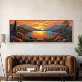 Mountain Sunset Lake, Bold Nature Landscape, Vibrant Water Reflection, Framed Canvas Print, Rustic Living Room or Cabin Wall Art