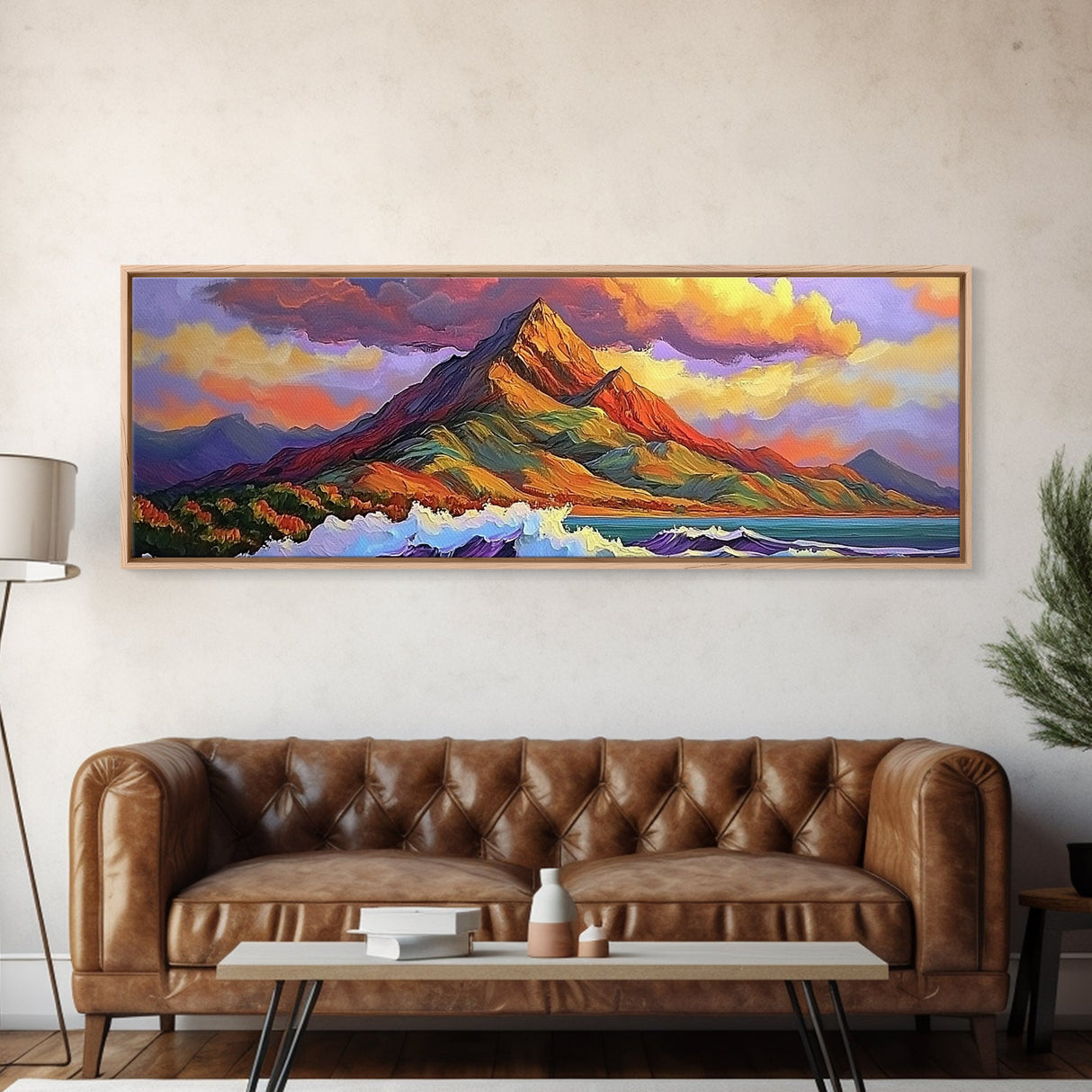 Mountain Wave Scene, Sunset Coastal Painting, Dramatic Landscape Art, Framed Canvas Print, Adventure Office or Living Room Wall Art