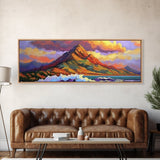 Mountain Wave Scene, Sunset Coastal Painting, Dramatic Landscape Art, Framed Canvas Print, Adventure Office or Living Room Wall Art