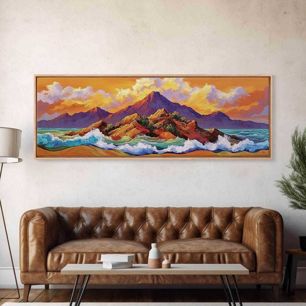 Sunset Island Scene, Bold Ocean Mountainscape, Tropical Beach Decor, Framed Canvas Print, Boho Bedroom or Vacation Home Wall Art