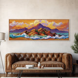 Sunset Island Scene, Bold Ocean Mountainscape, Tropical Beach Decor, Framed Canvas Print, Boho Bedroom or Vacation Home Wall Art