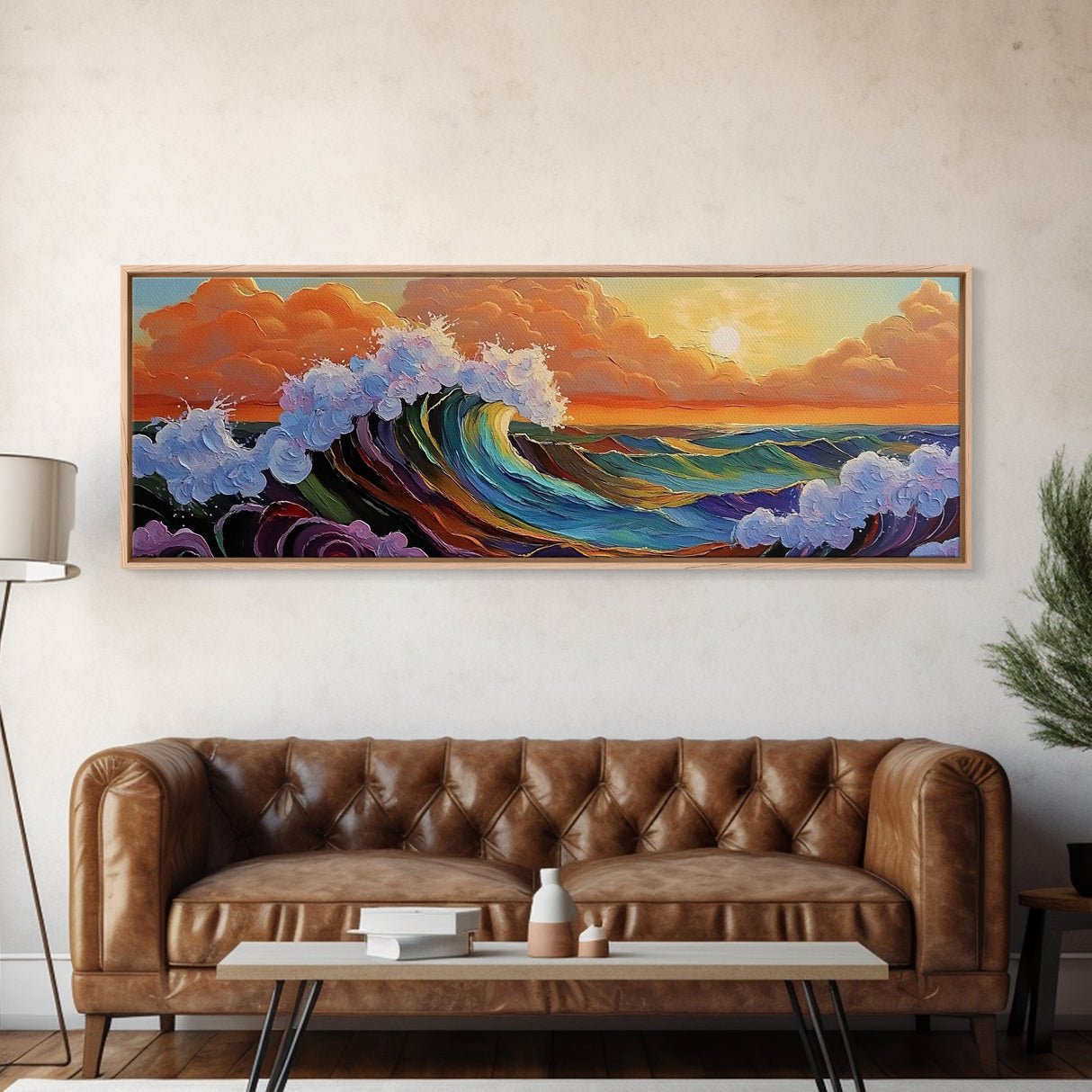 Sunset Ocean Wave, Colorful Seascape, Coastal Wall Decor, Living Room Art, Vibrant Beach Scene, Framed Canvas Print, Bold Brush Strokes