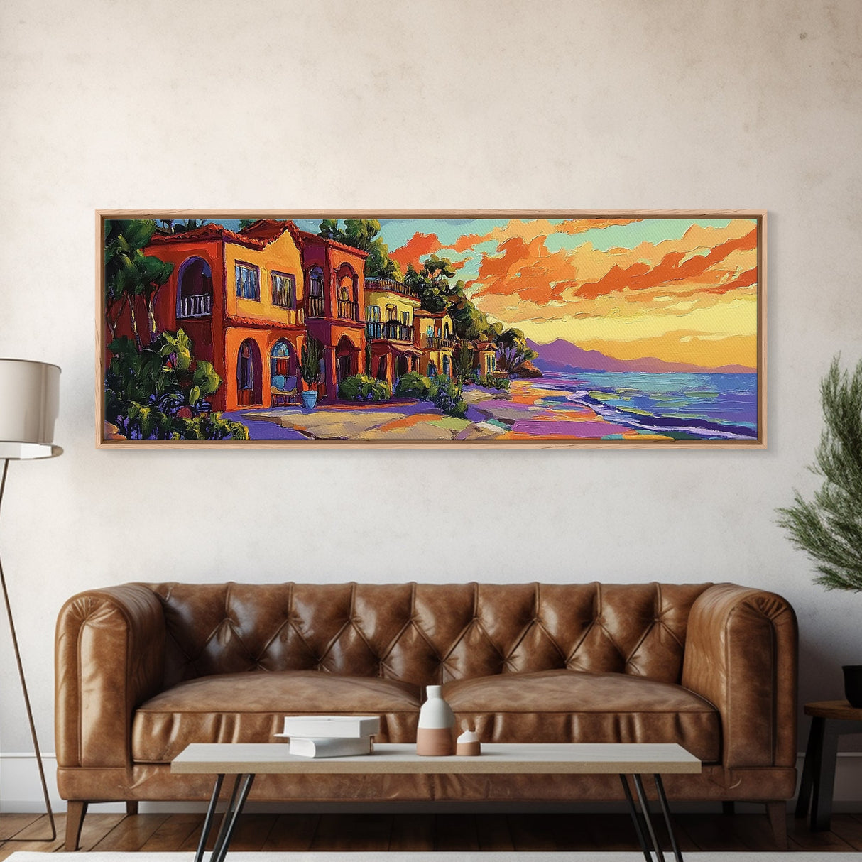 Coastal Village Sunset, Beach House Art, Vibrant Colorful Home Decor, Tropical Wall Style, Framed Canvas Print, Vacation Vibes