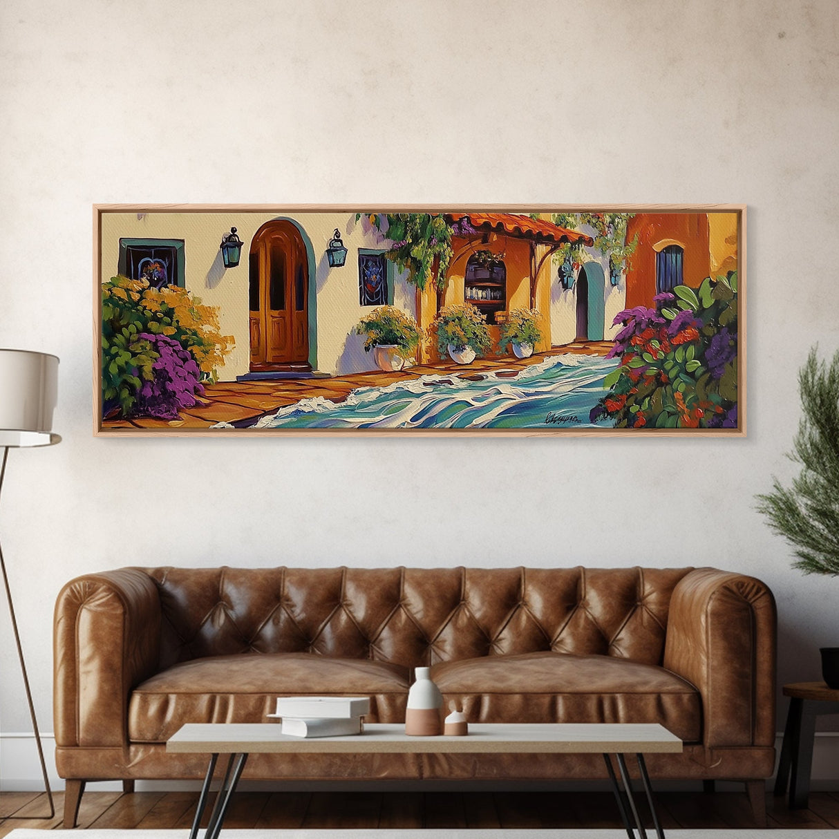 Hacienda Courtyard, Rustic Charm Art, Southwest Home Decor, Floral Garden Wall Accent, Framed Canvas Print, Dining Room Style