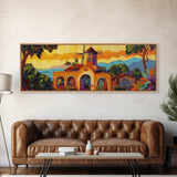 Sunset Windmill, Coastal Hills Art, Tropical Landscape Decor, Warm Color Wall Art, Living Room Accent, Framed Canvas Print