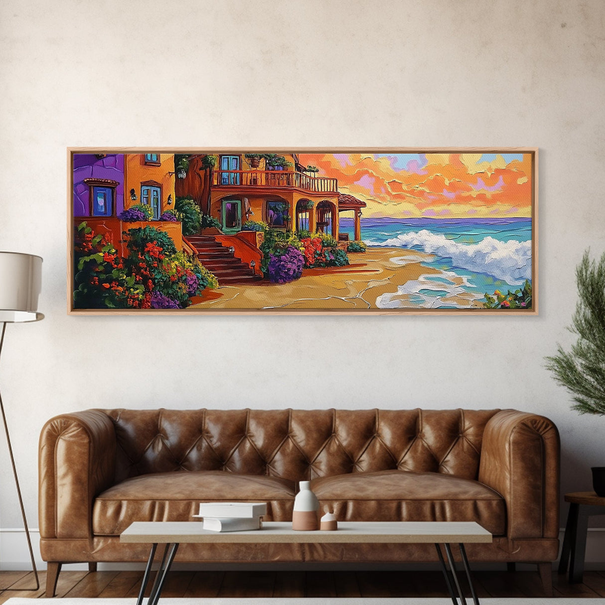 Coastal Villa, Ocean View, Sunset Beach, Canvas Print, Mediterranean house art, colorful seaside decor, boho kitchen art