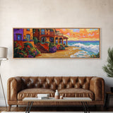 Coastal Villa, Ocean View, Sunset Beach, Canvas Print, Mediterranean house art, colorful seaside decor, boho kitchen art