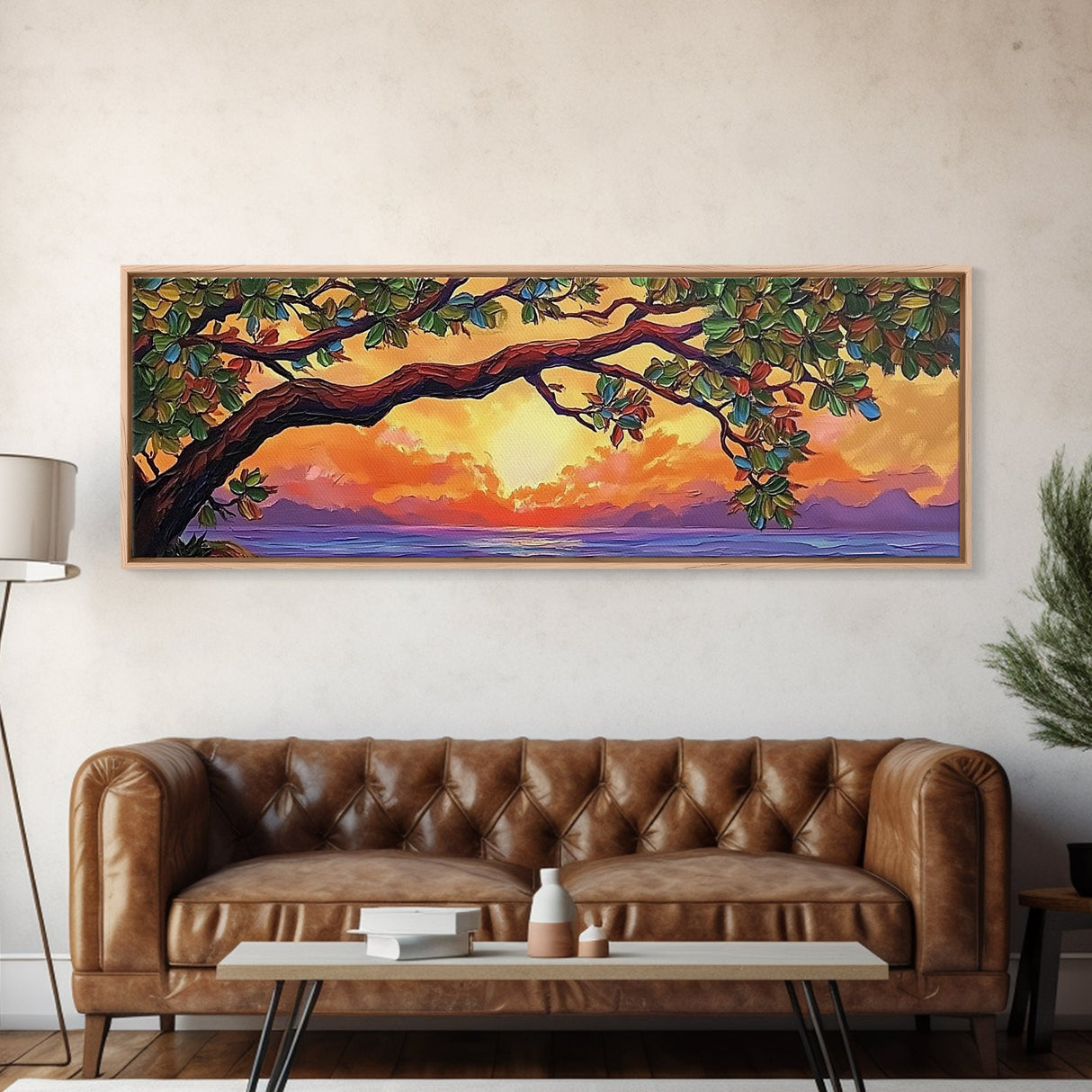 Tropical Tree Sunset, Ocean View Art, Island Vibes, Framed Canvas Print, Beach House Decor, Sunset Wall Art, Coastal Boho Art