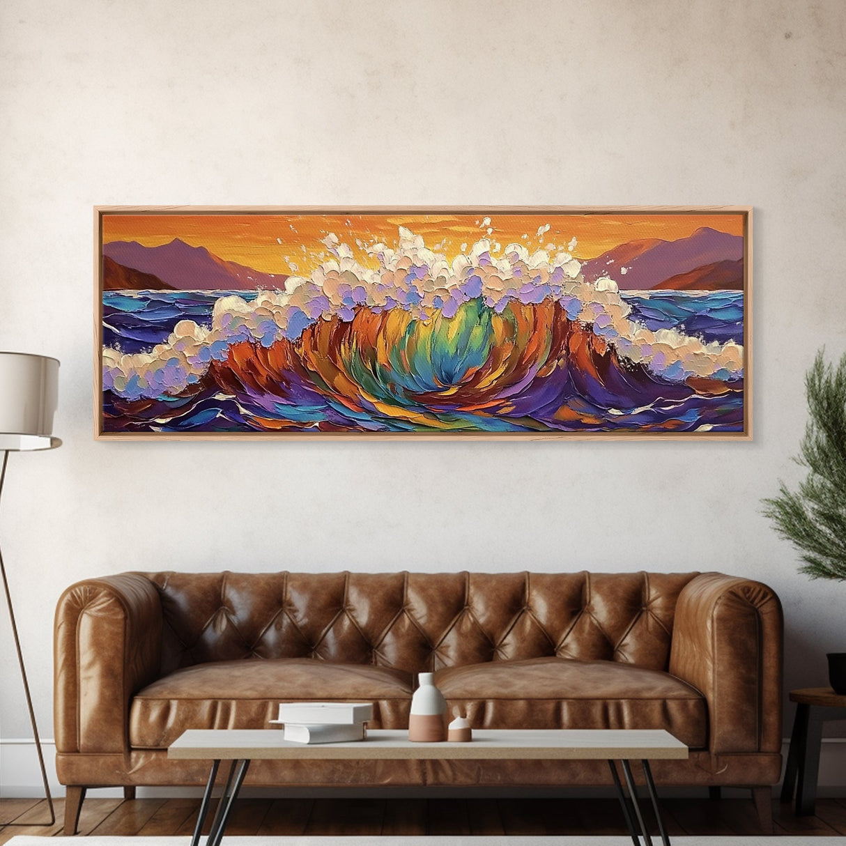 Rainbow Wave Splash, Ocean Energy Art, Vibrant Seascape, Framed Canvas Print, Coastal Living Room Decor, Surf Beach Wall Art, Boho Style