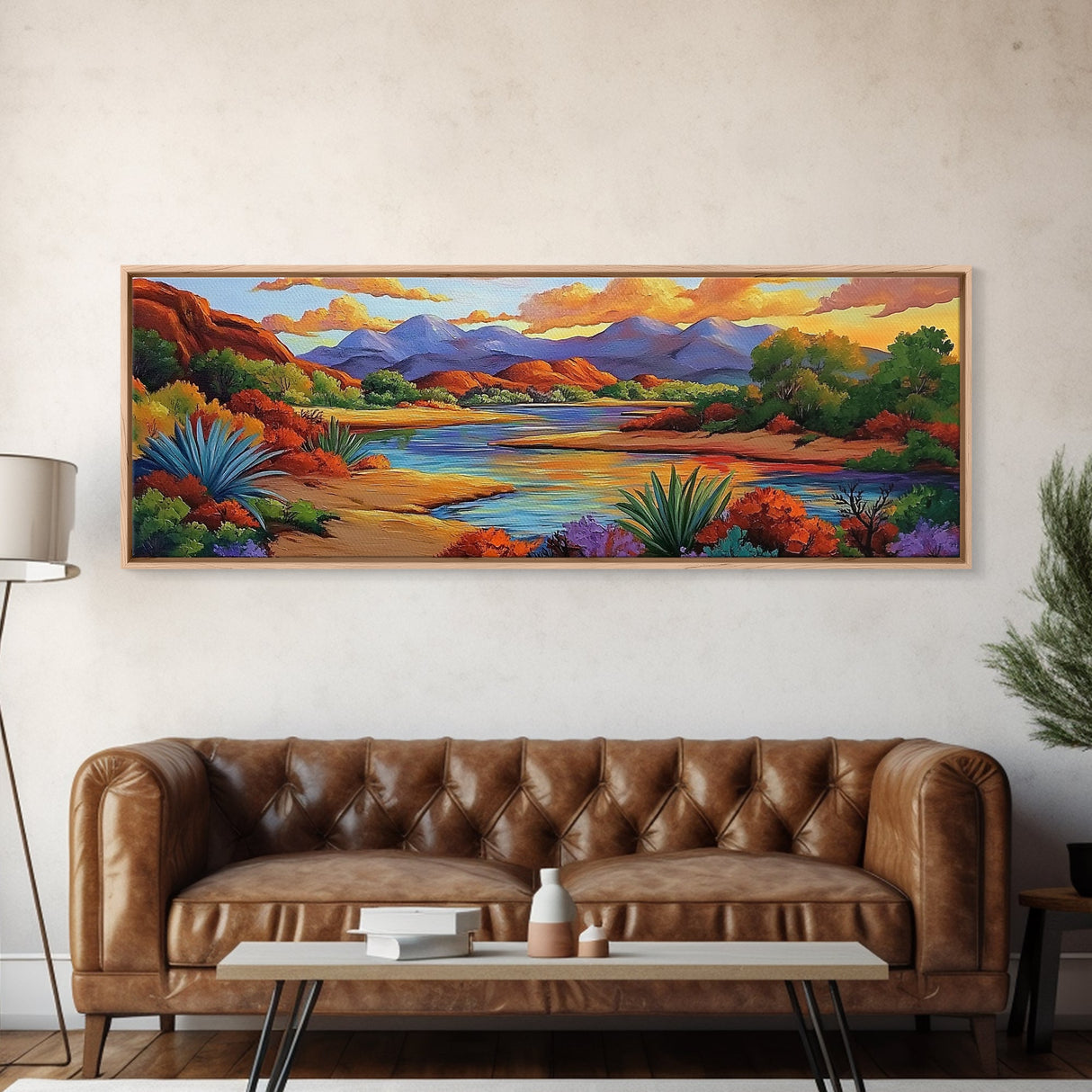 Desert River Colors, Southwest Landscape, Mountain Sunset, Framed Canvas Print, Living Room Wall Art, Earthy Tones, Fall Boho Decor