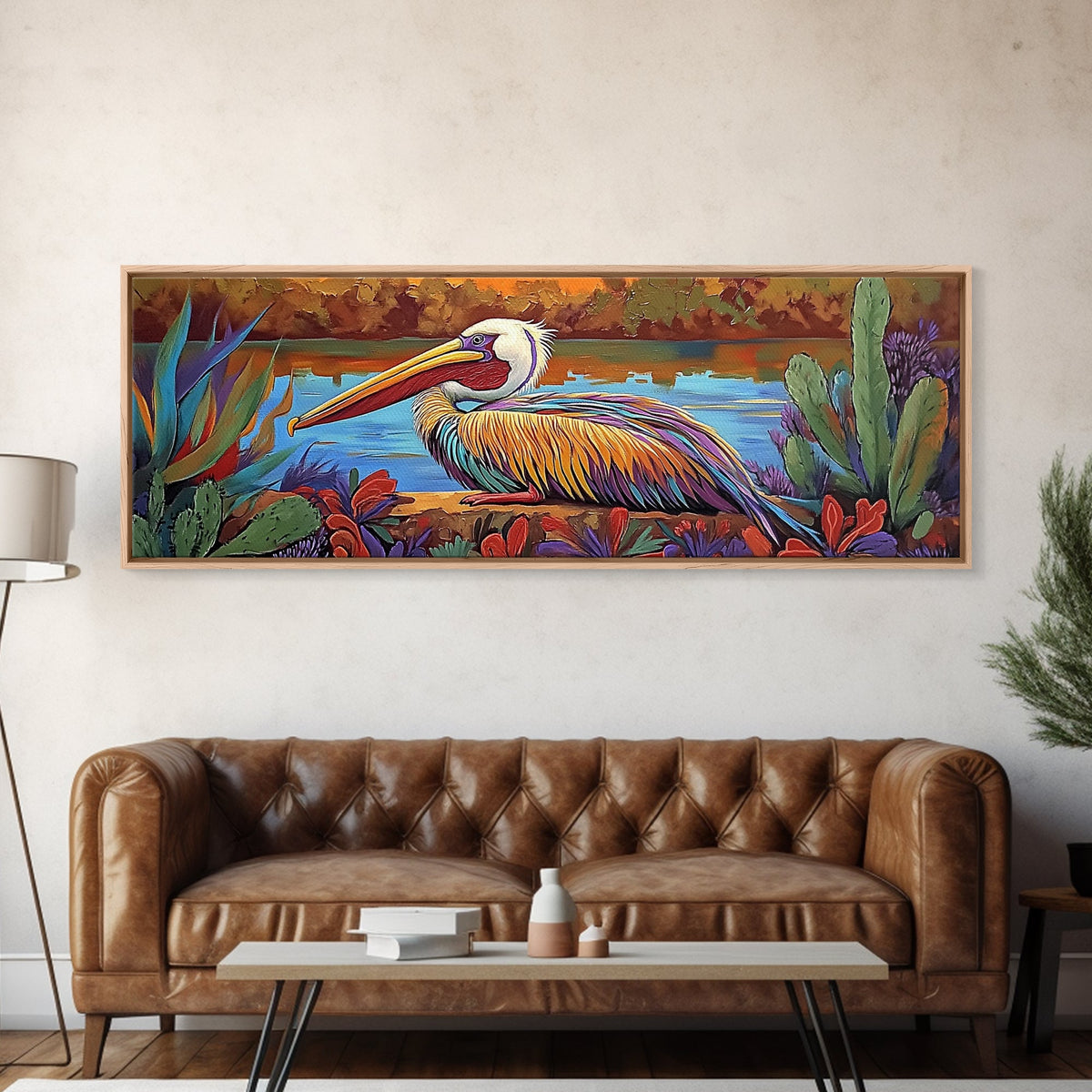 Colorful Pelican, Tropical Bird, Lake Wildlife, Autumn Palette, Framed Canvas Print, Boho Nature Wall Art, Dining Room Bird Artwork