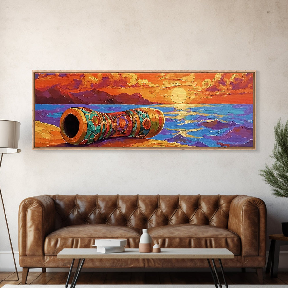 Mosaic Drum, Sunset Rhythm, Tribal Ocean, Desert Music, Framed Canvas Print, Eclectic Art, Living Room Music Wall Piece