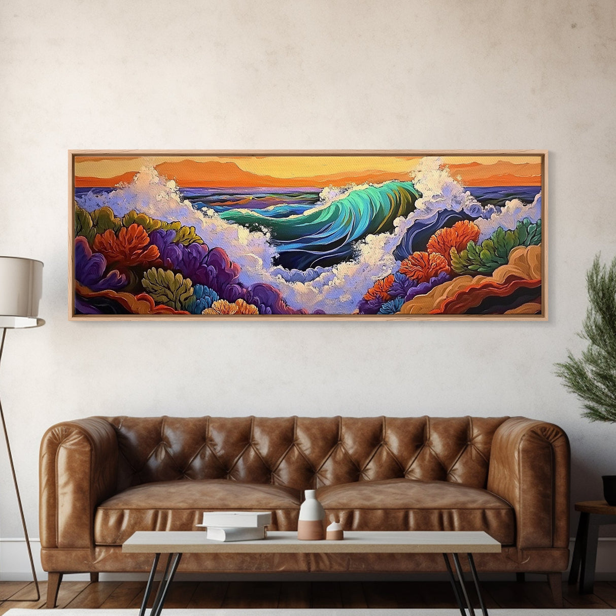 Ocean Wave, Underwater Reef, Vibrant Coral, Seascape Drama, Framed Canvas Print, Tropical Bathroom Art, Marine Life Painting