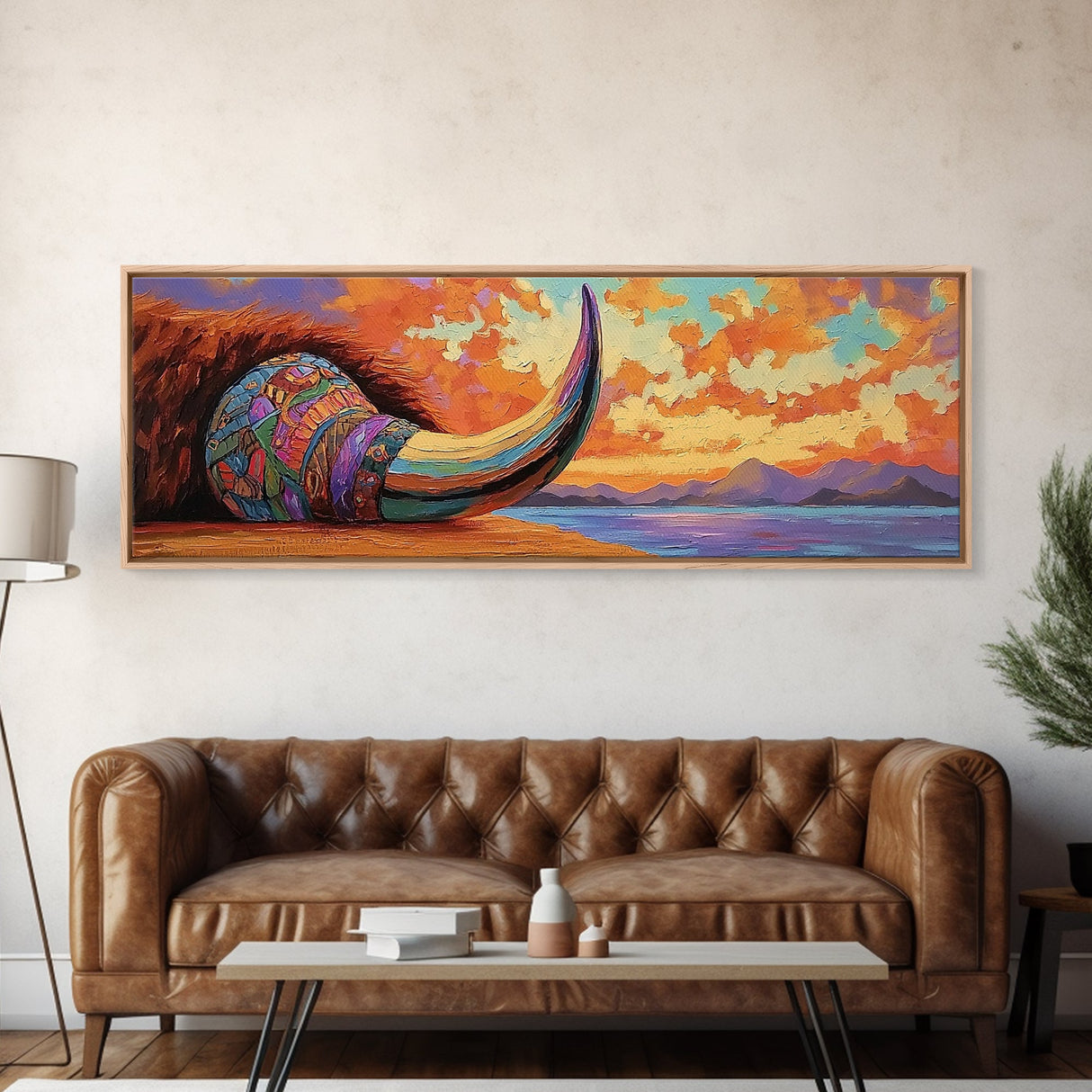 Longhorn Skull, Sunset Sky, Boho Western, Tribal Texture, Framed Canvas Print, Desert Wall Art, Living Room Decor, Southwestern Vibe