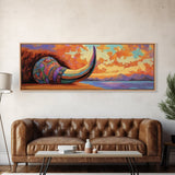 Longhorn Skull, Sunset Sky, Boho Western, Tribal Texture, Framed Canvas Print, Desert Wall Art, Living Room Decor, Southwestern Vibe