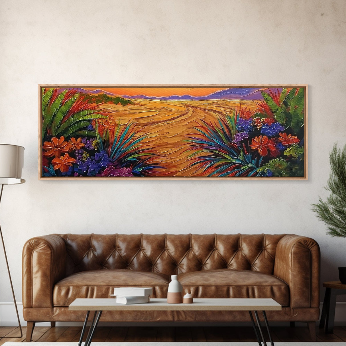 Golden Horizon Path, Vibrant Floral Border, Nature Sunset Painting, Framed Canvas Print, Bedroom Wall Art, Warm Color Landscape
