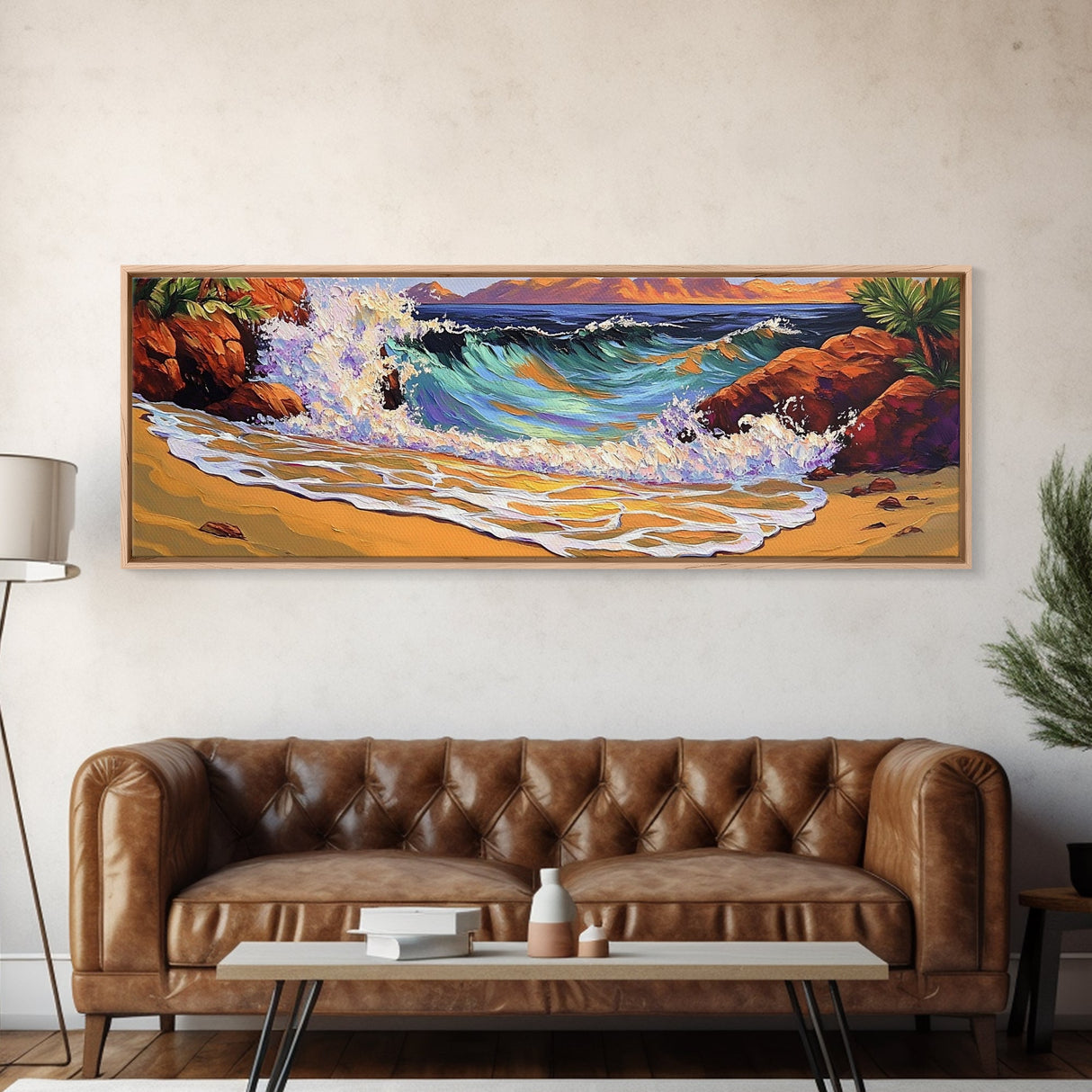 Wave Crash, Rocky Beach, Golden Coast, Tropical Splash, Framed Canvas Print, Coastal Wall Art, Bold Bathroom Decor, Surf Art Style