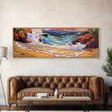 Wave Crash, Rocky Beach, Golden Coast, Tropical Splash, Framed Canvas Print, Coastal Wall Art, Bold Bathroom Decor, Surf Art Style