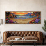 Tranquil Beach Sunset, Colorful Coastal Scene, Ocean Cliff View, Floral Accents, Framed Canvas Print, Dining Room art,  Office Art
