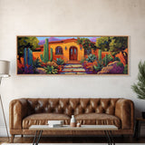 Southwest Garden Entrance, Cactus Desert Home, Rustic Charm, Framed Canvas Print, Living Room Wall Art, Vibrant Adobe Artwork