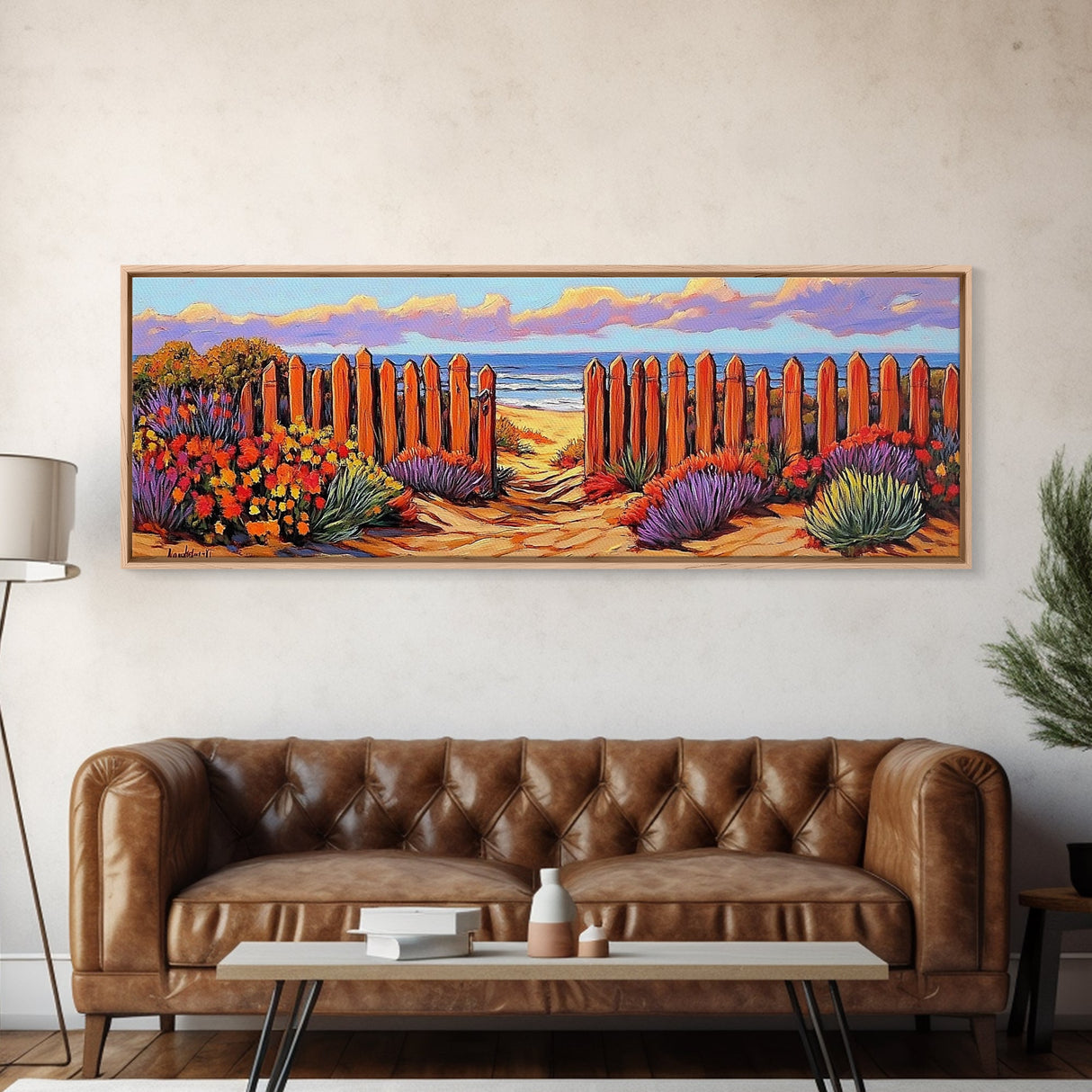 Beach Fence Trail, Ocean Coastal View, Sandy Pathway, Framed Canvas Print, Vibrant Seaside Art, Bathroom or Entryway Decor