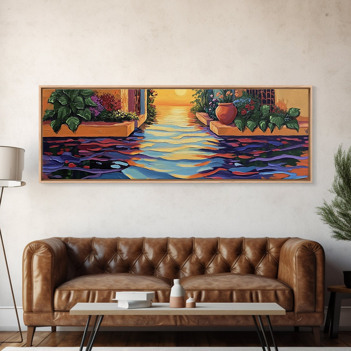 Sunset Canal Garden, Water Reflections, Warm Floral Courtyard, Framed Canvas Print, Kitchen Wall Art, Romantic Boho Artwork