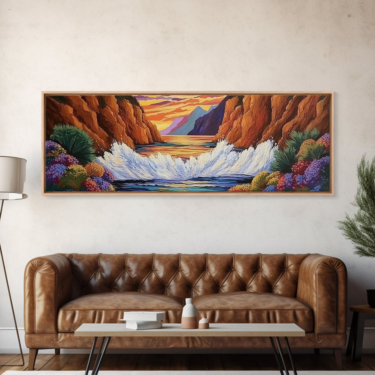 Ocean Splash, Sunset Cliffs, Nature Colors, Framed Canvas Print, Coastal Wall Art, Living Room Decor, Bold Landscape, Expressionist Art