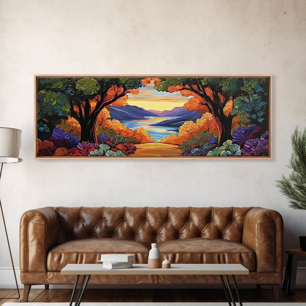 Autumn Lake View, Forest Path, Mountain Vibe, Framed Canvas Print, Fall Wall Art, Boho Landscape, Cozy Living Room Decor