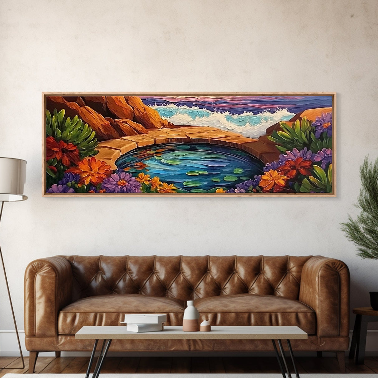 Garden Oasis, Coastal Pool, Tropical Bloom, Framed Canvas Print, Bathroom Wall Art, Vibrant Nature Decor, Colorful Landscape Art