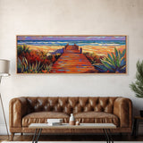 Seaside Path Art, Beach Boardwalk Print, Coastal Nature Scene, Tropical Living Room Wall Decor, Boho Style Framed Canvas Print