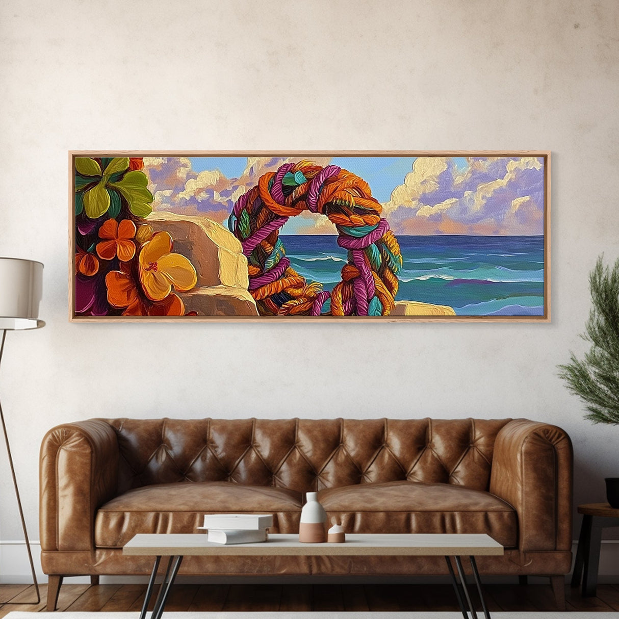 Coastal Wreath Art, Nautical Vibes, Colorful Rope, Framed Canvas Print, Beach House Wall Art, Summer Home Decor, Tropical Boho Art