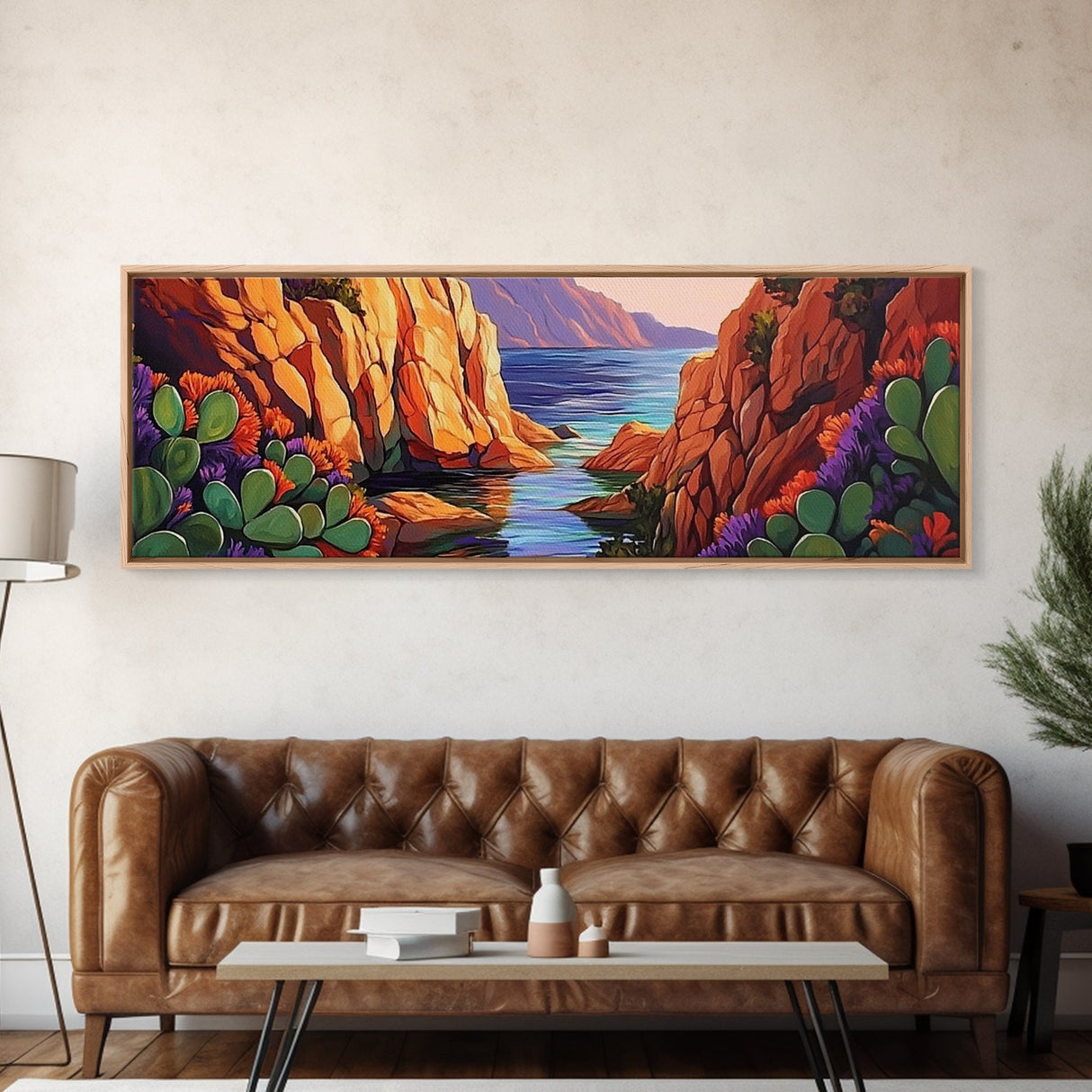 Cactus Cove View, Mountain Sunset, Desert Oasis, Framed Canvas Print, Boho Living Room Wall Art, Nature Inspired Art, Colorful Decor