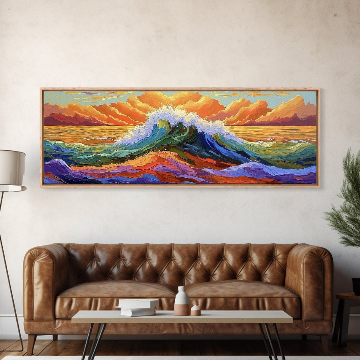 Vibrant Ocean Wave, Coastal Wall Art, Bold Sunset Seascape, Framed Canvas Print, Colorful Beach Decor, Nautical Bathroom Art