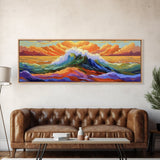 Vibrant Ocean Wave, Coastal Wall Art, Bold Sunset Seascape, Framed Canvas Print, Colorful Beach Decor, Nautical Bathroom Art