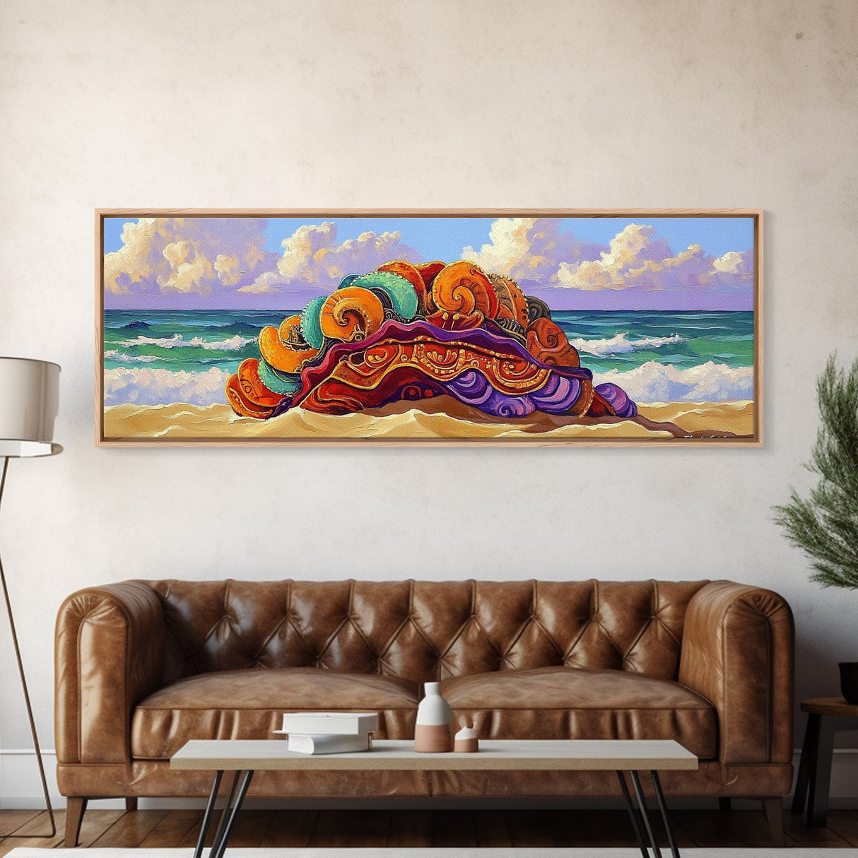 Vibrant Shell Art, Ocean Fantasy, Whimsical Beach, Nature Vibes Framed Canvas Print, Coastal Bathroom Art, Boho Sea Decor