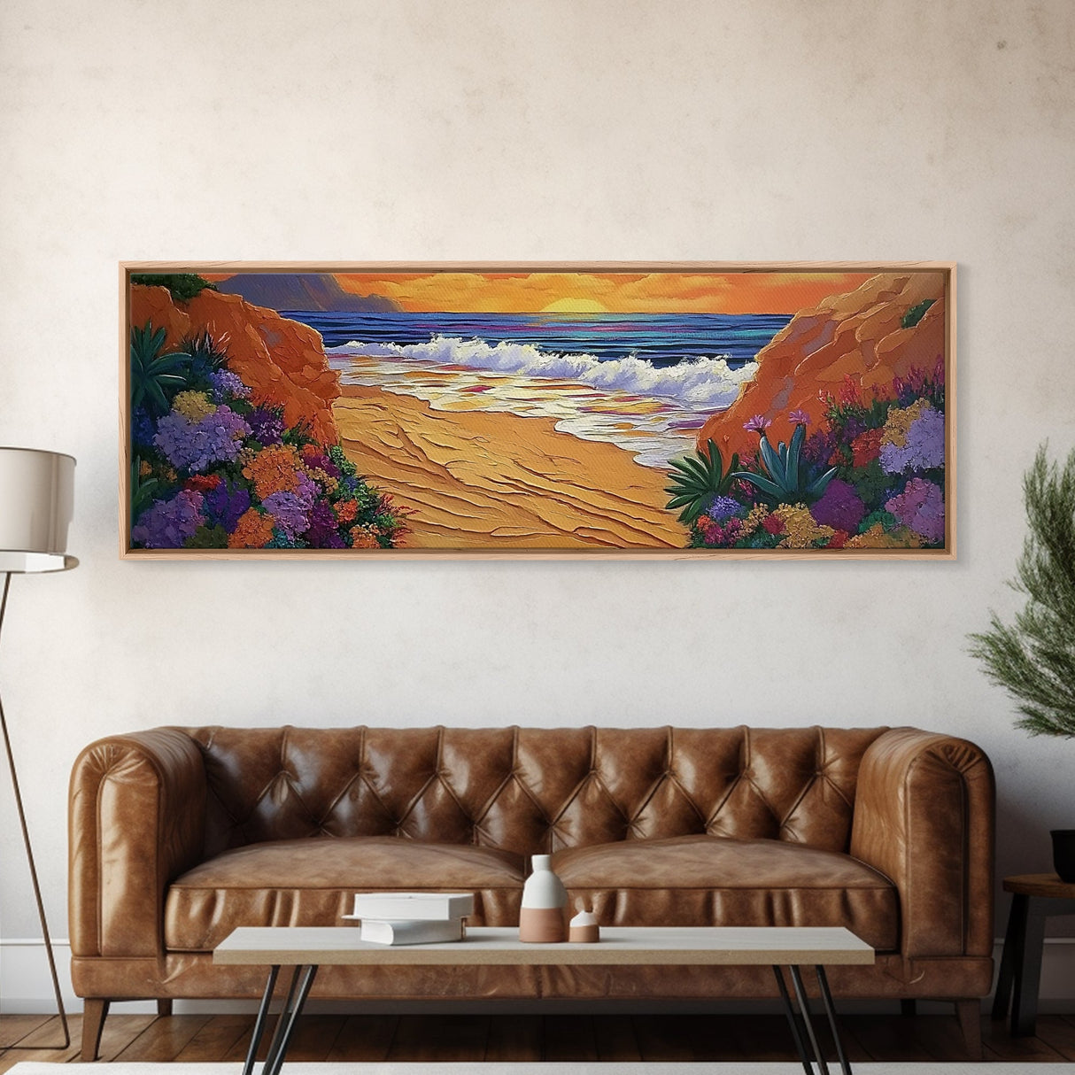 Tropical Cove, Sunset Beach, Colorful Blooms, Coastal Escape Framed Canvas Print, Bedroom Wall Art, Bold Landscape Painting