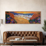 Tropical Cove, Sunset Beach, Colorful Blooms, Coastal Escape Framed Canvas Print, Bedroom Wall Art, Bold Landscape Painting