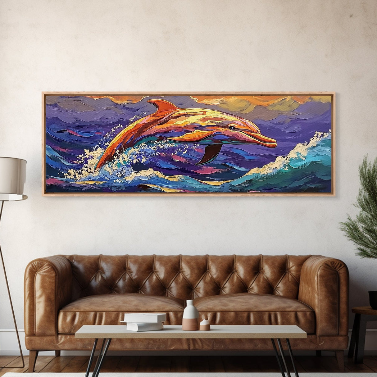 Vibrant Dolphin Art, Ocean Animal Painting, Kids Beach Room Decor, Bold Marine Life Style, Playful Framed Canvas Print, Coastal Vibes
