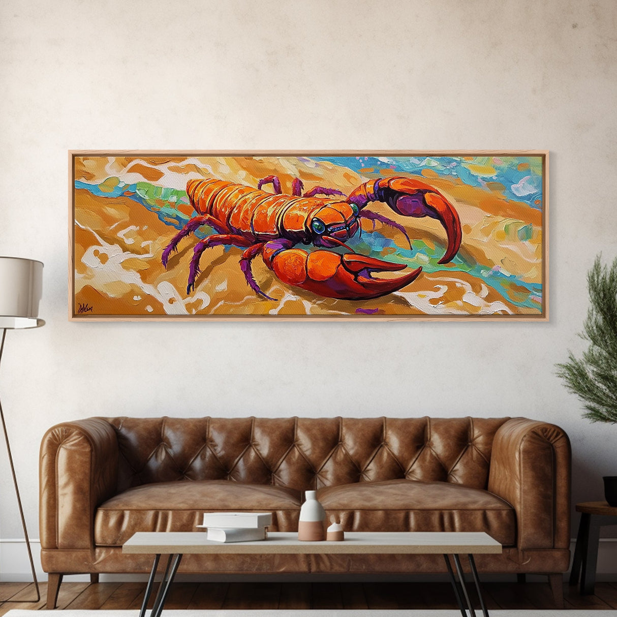 Lobster Beach Art, Ocean Colors, Bold Seafood, Seaside Fun Framed Canvas Print, Kitchen Wall Art, Nautical Beach House Decor