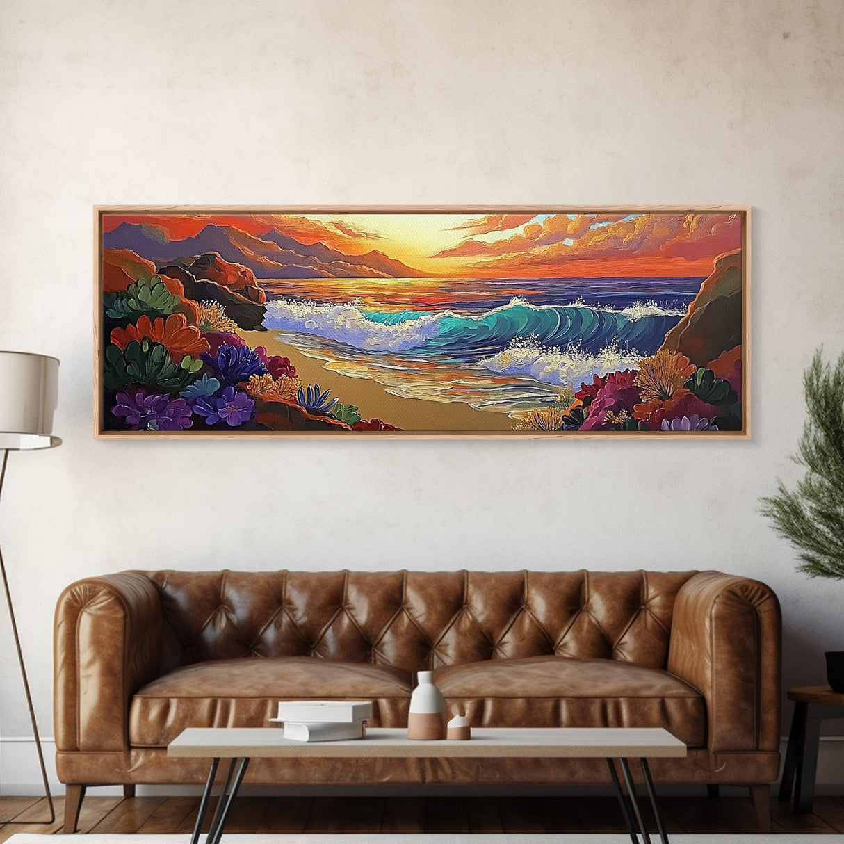 Coastal Sunset, Ocean Waves, Tropical Flowers, Vibrant Seascape, Framed Canvas Print beach wall decor, boho art, living room wall art