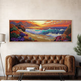 Coastal Sunset, Ocean Waves, Tropical Flowers, Vibrant Seascape, Framed Canvas Print beach wall decor, boho art, living room wall art
