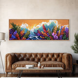 Ocean Blooms, Sunset Waves, Colorful Florals, Seaside Garden, Framed Canvas Print tropical living room wall art, coastal print