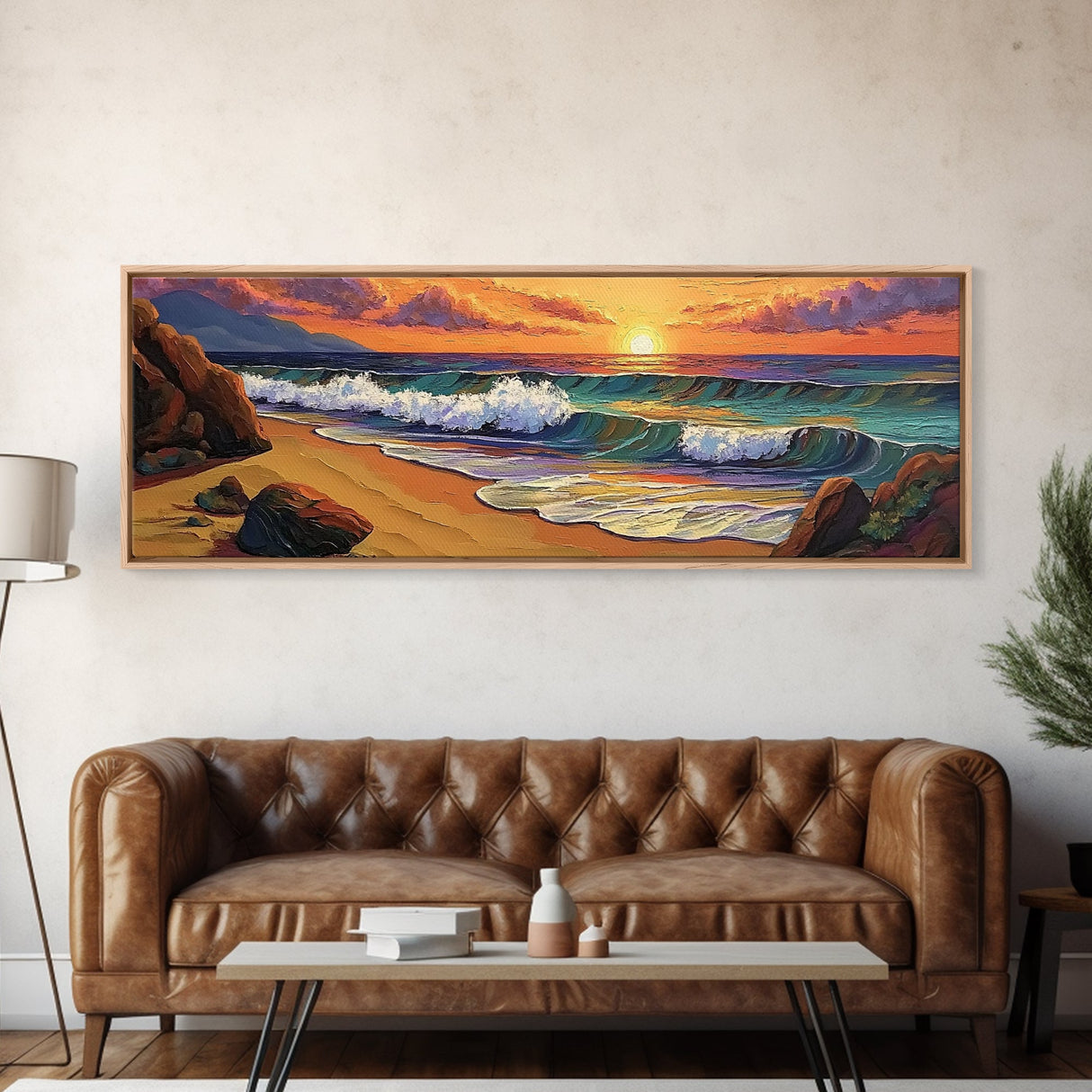 Sunset Beach, Coastal Rocks, Tranquil Shore, Golden Light, Framed Canvas Print beach house decor, minimalist landscape, bedroom art