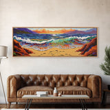 Sunset Shore View, Vibrant Ocean Wave, Footprints in Sand, Coastal Seascape Art, Framed Canvas Print, Beach House Wall Decor