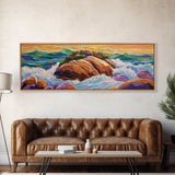 Rocky Shoreline Scene, Vibrant Sea Garden, Coastal Wave Power, Nature Texture Painting, Framed Canvas Print, Ocean Lover Wall Art