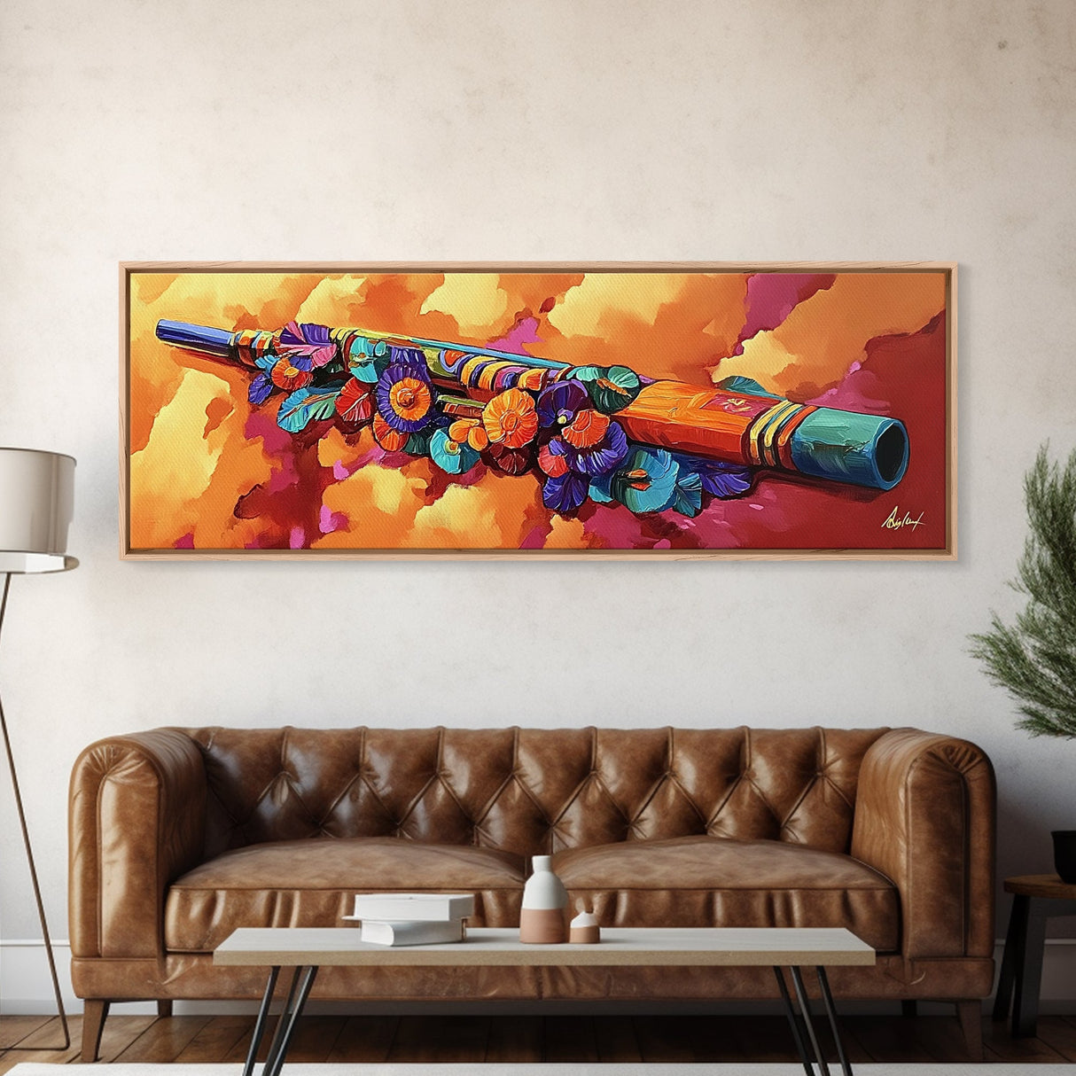 Painted Flute Art, Musical Decor Accent, Southwest Folk Music, Warm Boho Wall Vibe, Framed Canvas Print, Eclectic Music Room Art