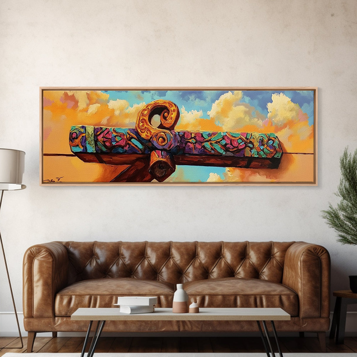 Folk Carved Beam, Southwest Wood Detail, Rustic Architecture Art, Colorful Entryway Style, Framed Canvas Print, Warm Wall Decor