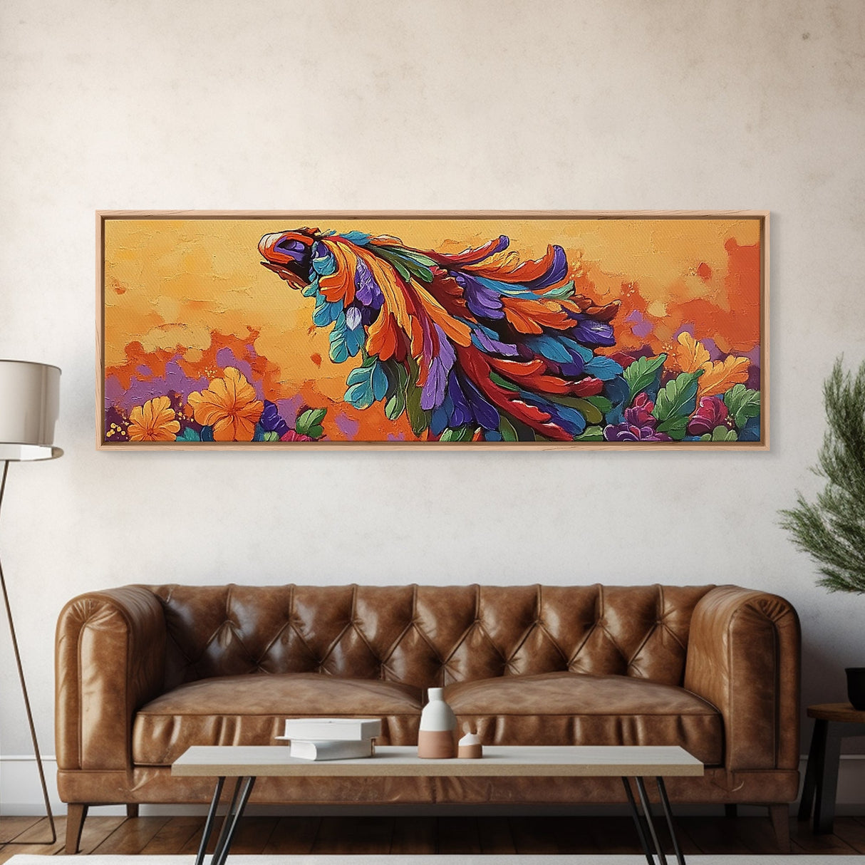 Tropical Parrot, Feathers Bloom, Jungle Vibes, Framed Canvas Print, Bright Animal Wall Art, Boho Living Room Decor, Bold Colors